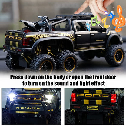 Ford Raptor F150 1:24 Scale Model Die cast Metal CarToys With All Doors Open & functional Music, Lights Black