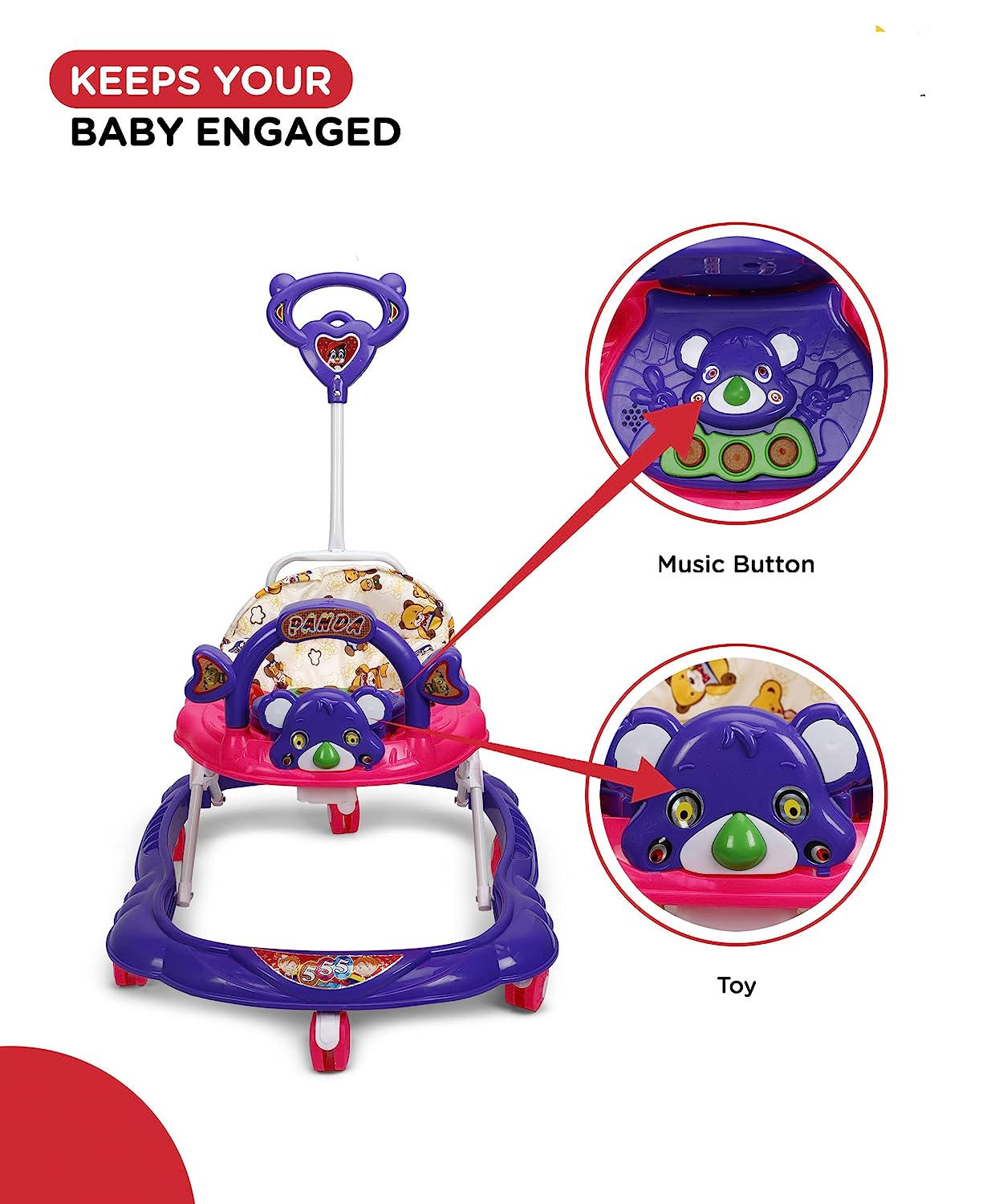 Panda 555 Baby Walker: Height-Adjustable Musical Walker For Kids-Violet
