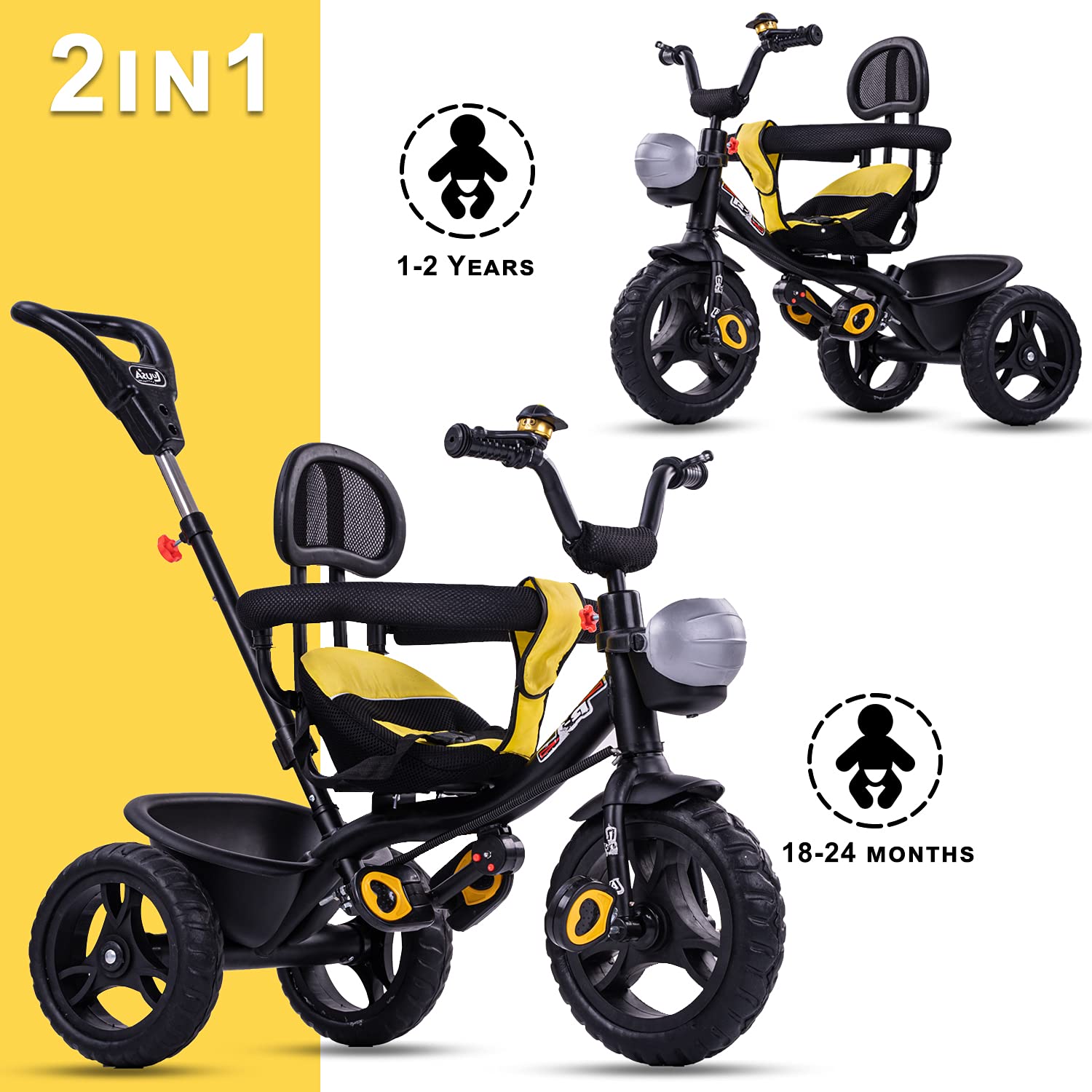 Luusa R1 Tricycle For Kids 3 In 1 Baby Tricycle For 1 - 4 Years Kids Carrying Capacity Upto 30kgs (Yellow)