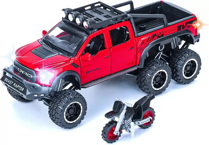 Ford Raptor F150 1:24 Scale Die cast Metal Alloy Toys With All Doors Open & functional Music, Lights Red