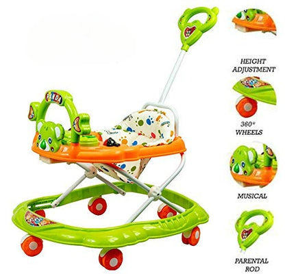 Panda 555 Baby Walker: Height-Adjustable Musical Walker For Kids-Green