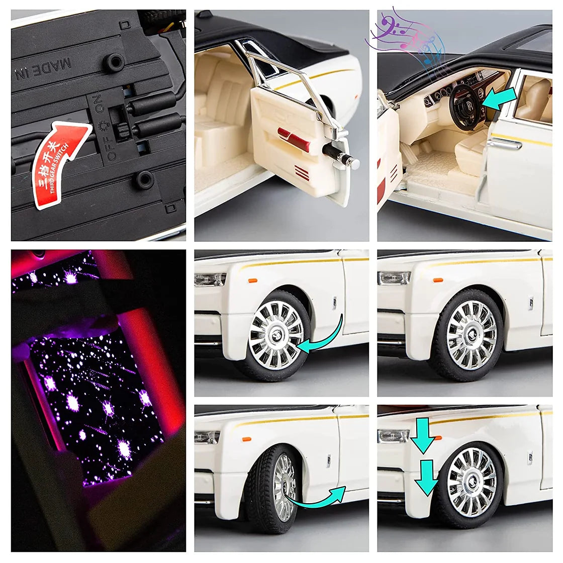 Rolls Royce Model 1:24 Scale Model Die cast Metal Pullback Toy car with Openable Doors & Light(White&Black)