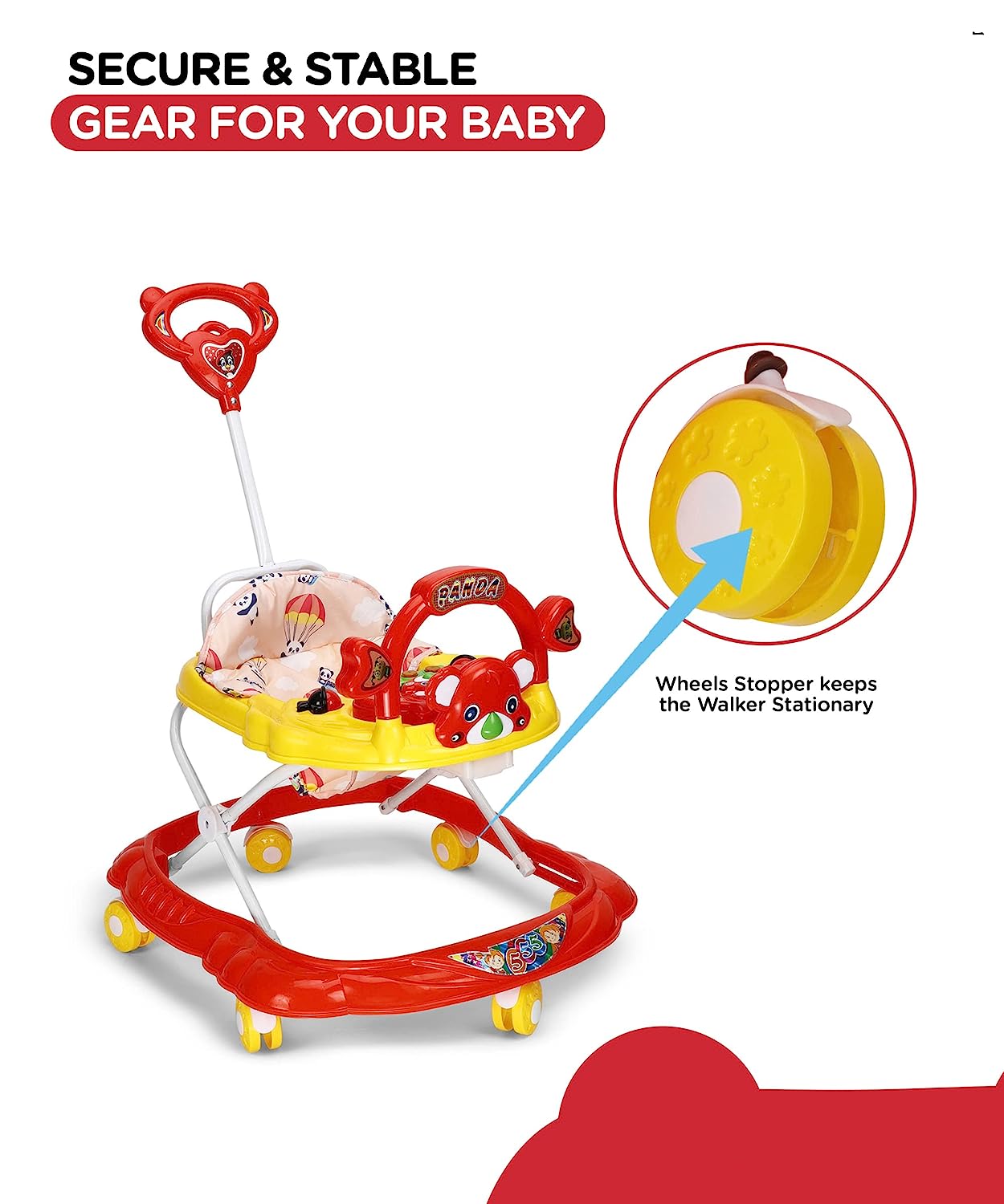 Panda 555 Baby Walker: Height-Adjustable Musical Walker For Kids-Red