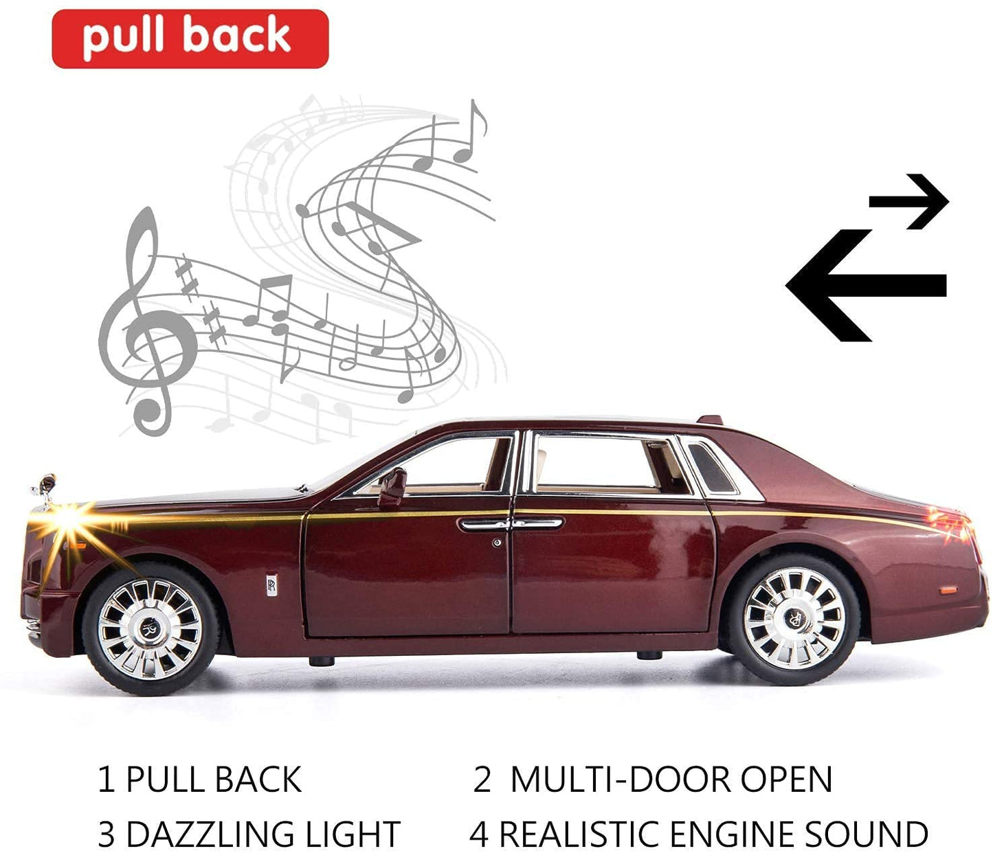 Rolls Royce Model 1:24 Scale Model Die cast Metal Pullback Toy car with Openable Doors & Light(Blue)